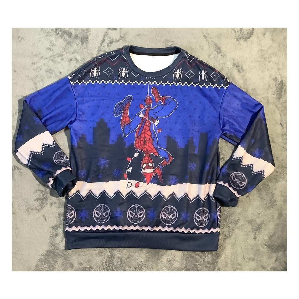 Marvel Spider-Man Christmas Sweater Men's‎ XL Blue Pullover